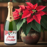 Merry Christmas Poinsettia Floral Holiday Party Sparkling Wine Label<br><div class="desc">Merry Christmas in elegant red cursive script surrounded by lovely green pine needles and festive red poinsettia flowers. This gorgeous floral border is a chic touch to your corporate holiday party sparkling wine label. Customize with your company or business name between the winter botanical design.</div>