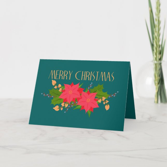 Merry Christmas Poinsettia Flourish Holiday Card (Front)