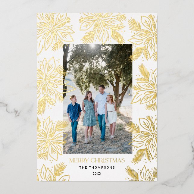 Merry Christmas Poinsettia Flower Frame  Foil Holiday Card (Front)