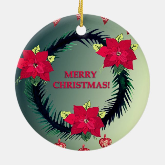 Merry Christmas, Poinsettia Flowers Ceramic Ornament (Back)