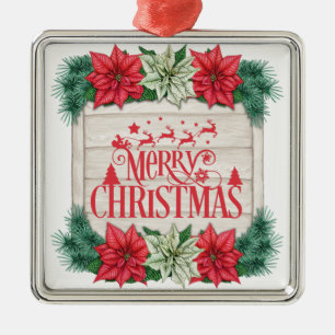 Merry Christmas Poinsettia Flowers  Metal Ornament