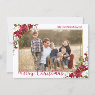 Merry Christmas Poinsettia Gold Photo Holiday Card