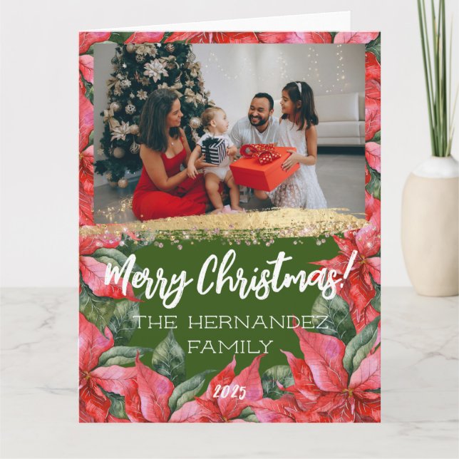 Merry Christmas Poinsettia Holiday Family Photo  Card (Front)