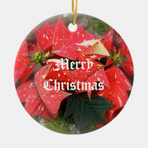 Merry Christmas Poinsettia Ornament Red White