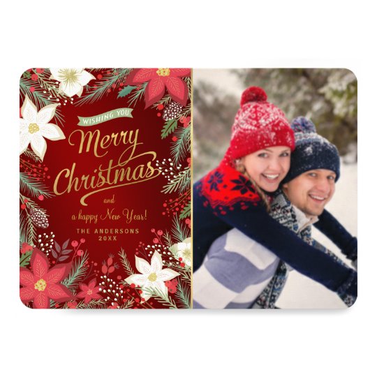 Merry Christmas Poinsettia & Pine Flat Photo Card