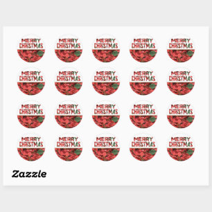 Merry Christmas Poinsettia Word Art Classic Round Sticker