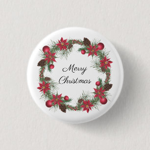 Merry Christmas Poinsettia Wreath  1 Inch Round Button
