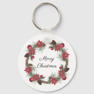 Merry Christmas Poinsettia Wreath   Keychain