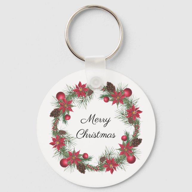 Merry Christmas Poinsettia Wreath   Keychain (Front)