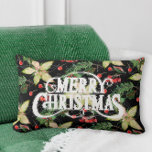 Merry Christmas Poinsettias Holiday Lumbar Pillow<br><div class="desc">Merry Christmas on a background of white poinsettias,  leaves and berries on black are featured on this festive holiday pillow available in several sizes and styles. MATCHING items in our collection.</div>