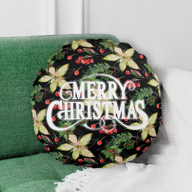 Merry Christmas Poinsettias Holiday Round Pillow (Creator Uploaded)