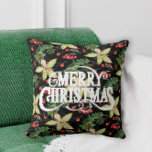 Merry Christmas Poinsettias Holiday Throw Pillow<br><div class="desc">Merry Christmas on a background of white poinsettias,  leaves and berries on black are featured on this festive holiday throw pillow available in several sizes and styles. MATCHING items in our collection.</div>