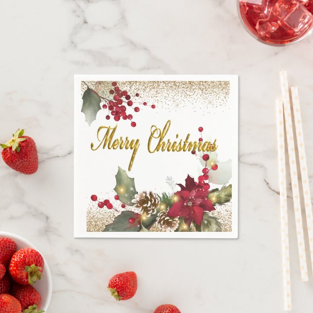 Merry Christmas Pointsettias Paper Napkins (Insitu)