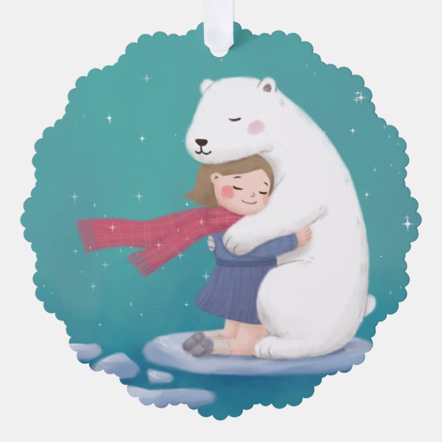Merry Christmas: Polar Bear & Child Illustration Ornament Card (Front)