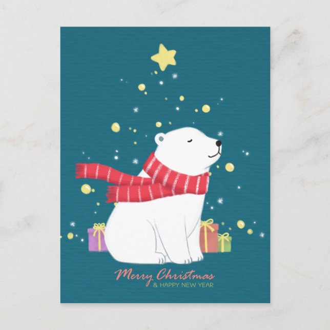 Merry Christmas: Polar Bear Illustration Art Postcard (Front)