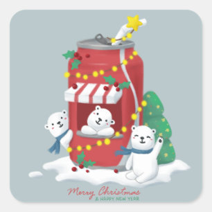 Merry Christmas: Polar Bear & Soda Can Square Sticker