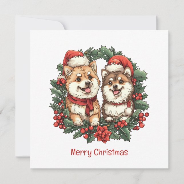 Merry Christmas Pomeranian Dogs Mistletoe Wreath Holiday Card (Front)