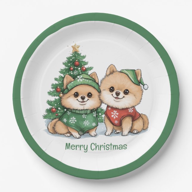 Merry Christmas Pomeranian Dogs Paper Plate (Front)