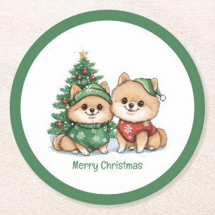 Merry Christmas Pomeranian Dogs Round Paper Coaster