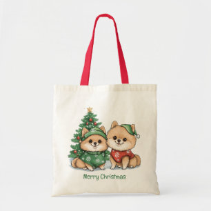 Merry Christmas Pomeranian Dogs Tote Bag