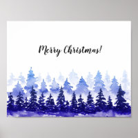 Merry Christmas poster. Blue winter landscape.