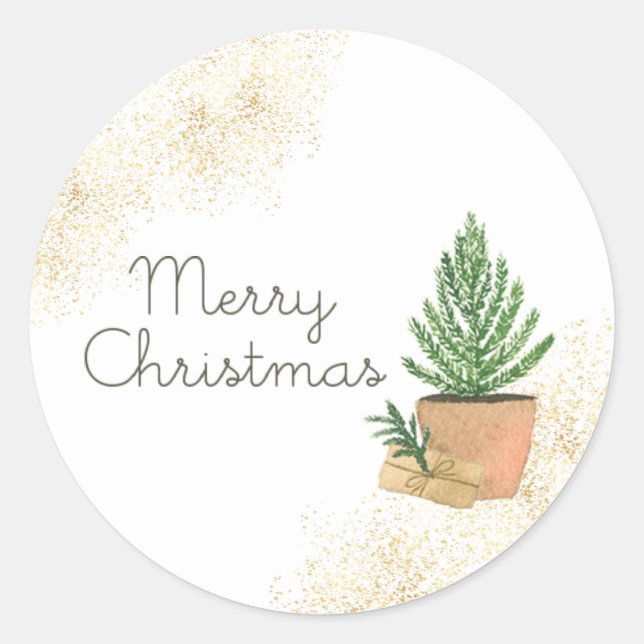 Merry Christmas Potted Fir Tree and Kraft Parcel Classic Round Sticker (Front)