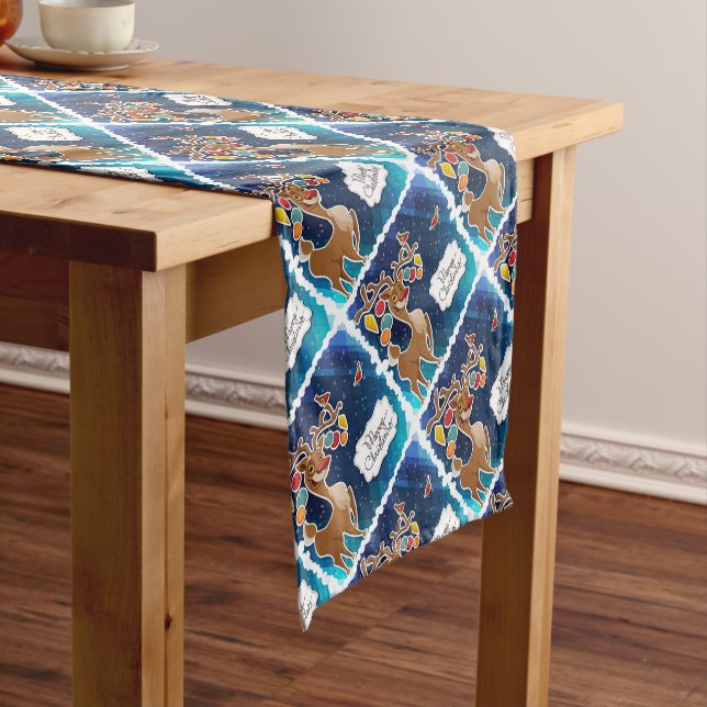 Merry Christmas Prancing Reindeer Short Table Runner (In Situ)