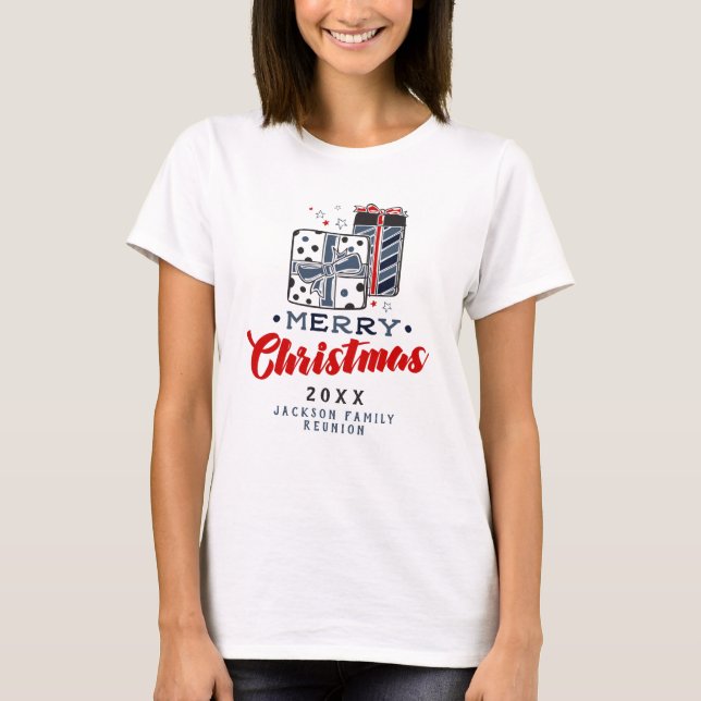Merry Christmas Presents Custom Text Red Blue T-Shirt (Front)