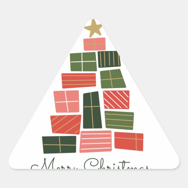 Merry Christmas Presents Tree Triangle Sticker (Front)