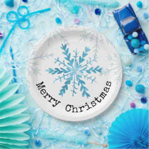 Merry Christmas Pretty Blue Snowflake Paper Plate
