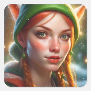 Merry Christmas Pretty Elf Square Sticker