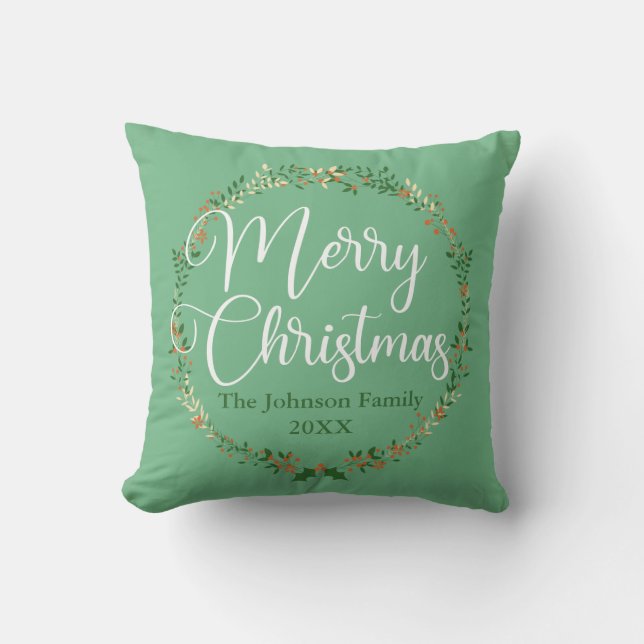 Merry Christmas Pretty Green Wreath Custom Family Throw Pillow (Front)