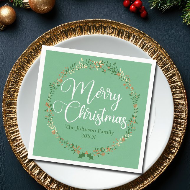 Merry Christmas Pretty Green Wreath Custom Party Napkin (Creator Uploaded)