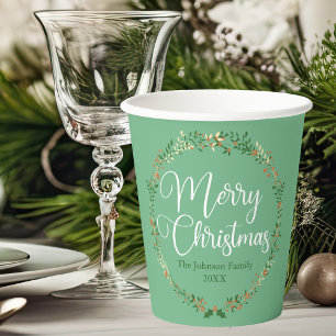 Merry Christmas Pretty Green Wreath Custom Party Paper Cups