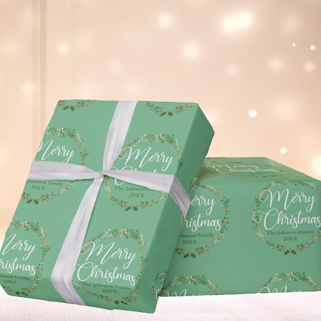 Merry Christmas Pretty Light Green Wreath Custom Wrapping Paper (Creator Uploaded)
