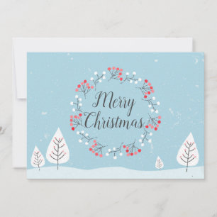 Merry Christmas Pretty Snow & Berry Wreath Xmas Holiday Card