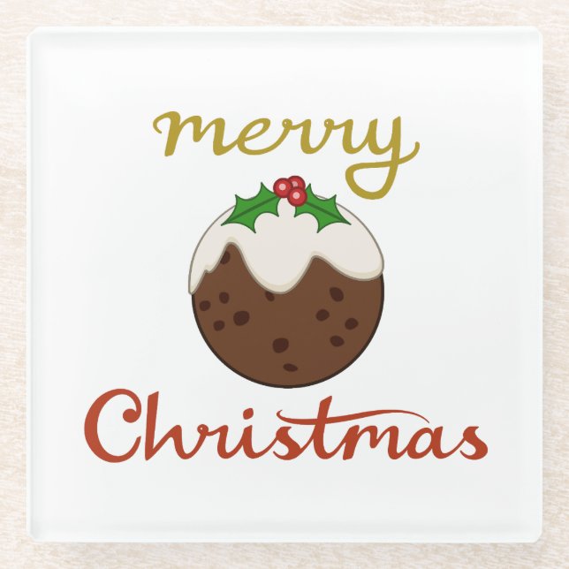 Merry Christmas+Pudding Design Glass Coaster (Front)