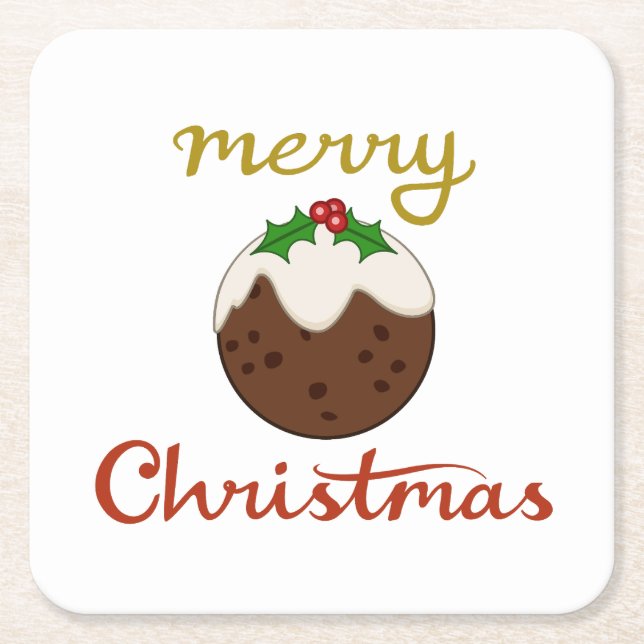Merry Christmas+Pudding Design Square Paper Coaster (Front)