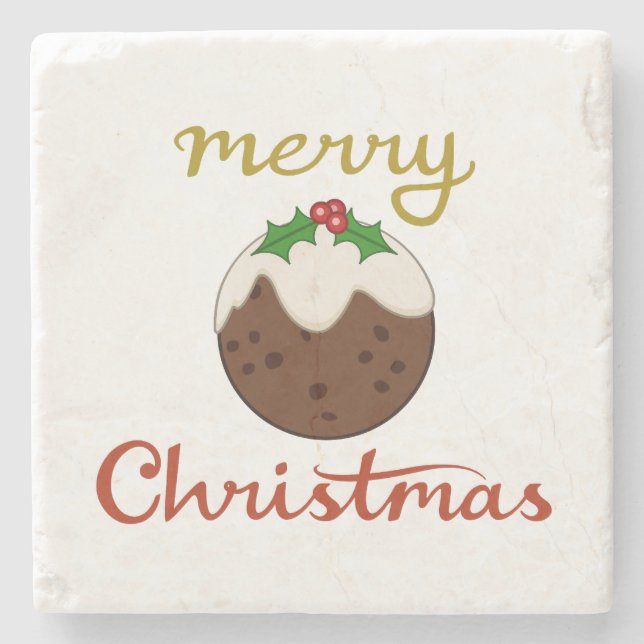 Merry Christmas+Pudding Design Stone Coaster (Front)