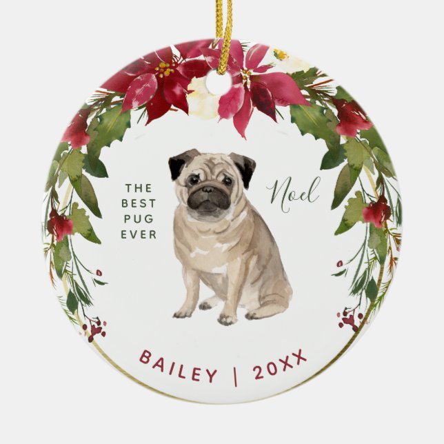 Merry Christmas Pug | Add Your Dog's Photo Ceramic Ornament (Front)