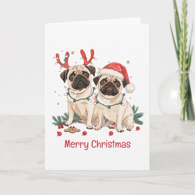 Merry Christmas Pug Dogs Holiday Card (Front)