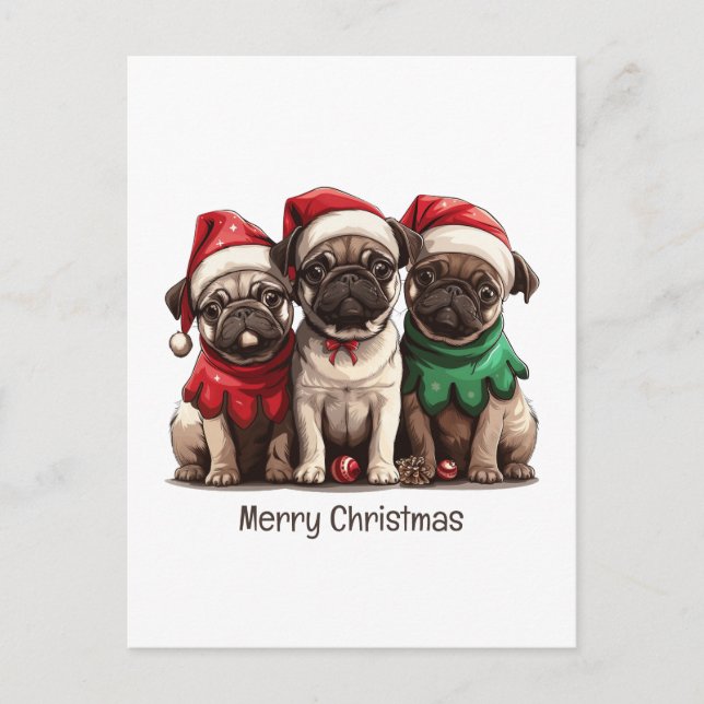 Merry Christmas Pug Dogs Postcard (Front)