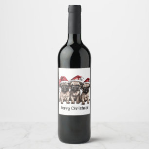 Merry Christmas Pug Dogs Santa Wine Label