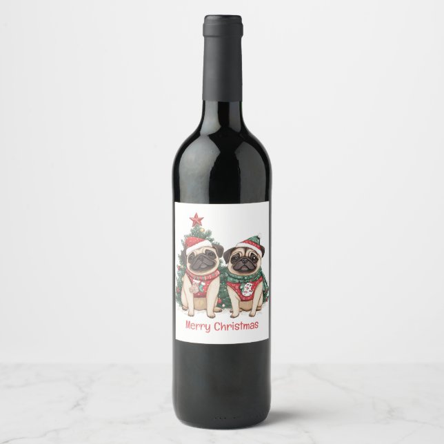Merry Christmas Pug Dogs Wine Label (Front)