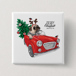 Merry Christmas Pug Driving Vintage Car 2 Inch Square Button