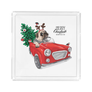 Merry Christmas   Pug Driving Vintage Car Acrylic Tray