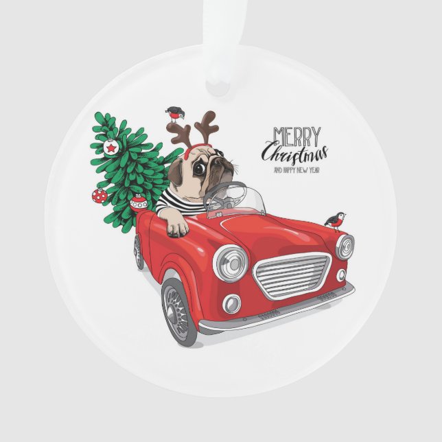 Merry Christmas | Pug Driving Vintage Car Ornament (Front)