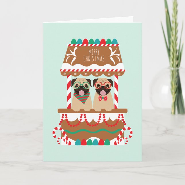 Merry Christmas Pug Holiday Stand Dogs Card (Front)