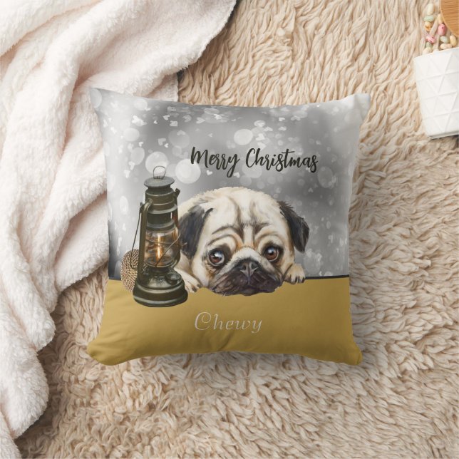 Merry Christmas Pug lover double-sided custom name Throw Pillow (Blanket)