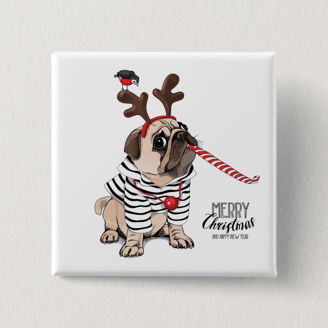 Merry Christmas | Pug Reindeer 2 Inch Square Button (Front)